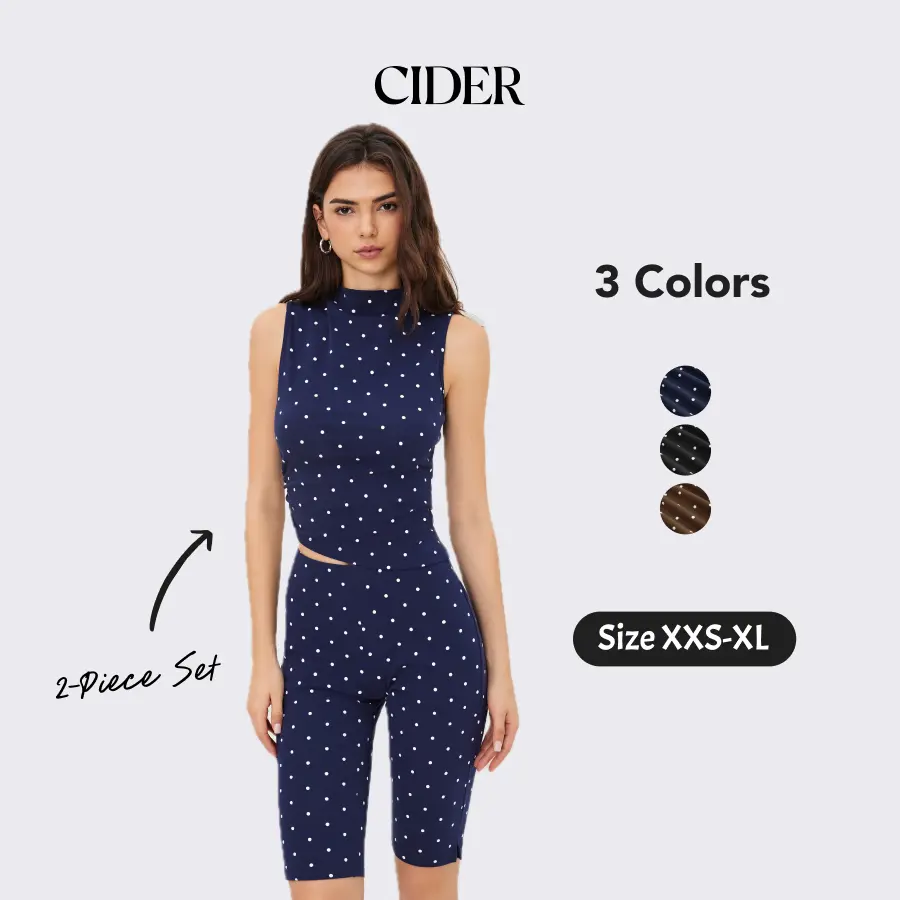 Cider 2-Piece Set Cotton-blend High Neck Polka Dot Asymmetrical Hem Top & Mid Rise Capri Pants Casual Womenswear Set Summer Sporty Style SohoChic