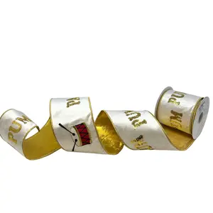 Pa Rum Pum Gold Sequin Embroidery w/ Drum on Ivory Velvet Ribbon 4” x 10yd | IR