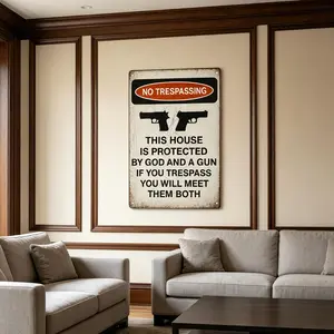 8×12 Inch Metal Tin Sign, This House Protected By God And A Gun Warning Plaque, Rustic Security Wall Decor for Yard Garage Porch, Patriotic Man Cave Gift all Art for Home Garden Yard Farm House, Decoration Items