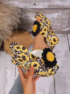 Women's Cute Floral Leopard Print Cork Wedge Sandals – Slip On Open Toe Platform Sandals, Comfortable Lightweight Summer Vacation Beach Shoes Flower