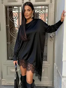 Asymmetric Womens Blouses Long Lace Blouse Female Spring Long Sleeve Black Blouses Shirts Tops For Woman Womenswear Lady Fashion Casual Minimalist Large Size Women's Elegant Blouses