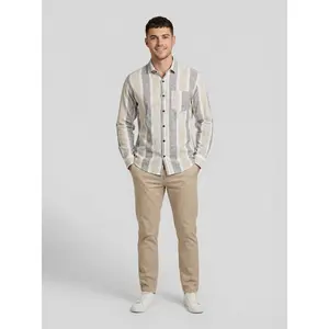 Men's Textured Horizontal Stripe Button-Down Shirt - Grey & Beige