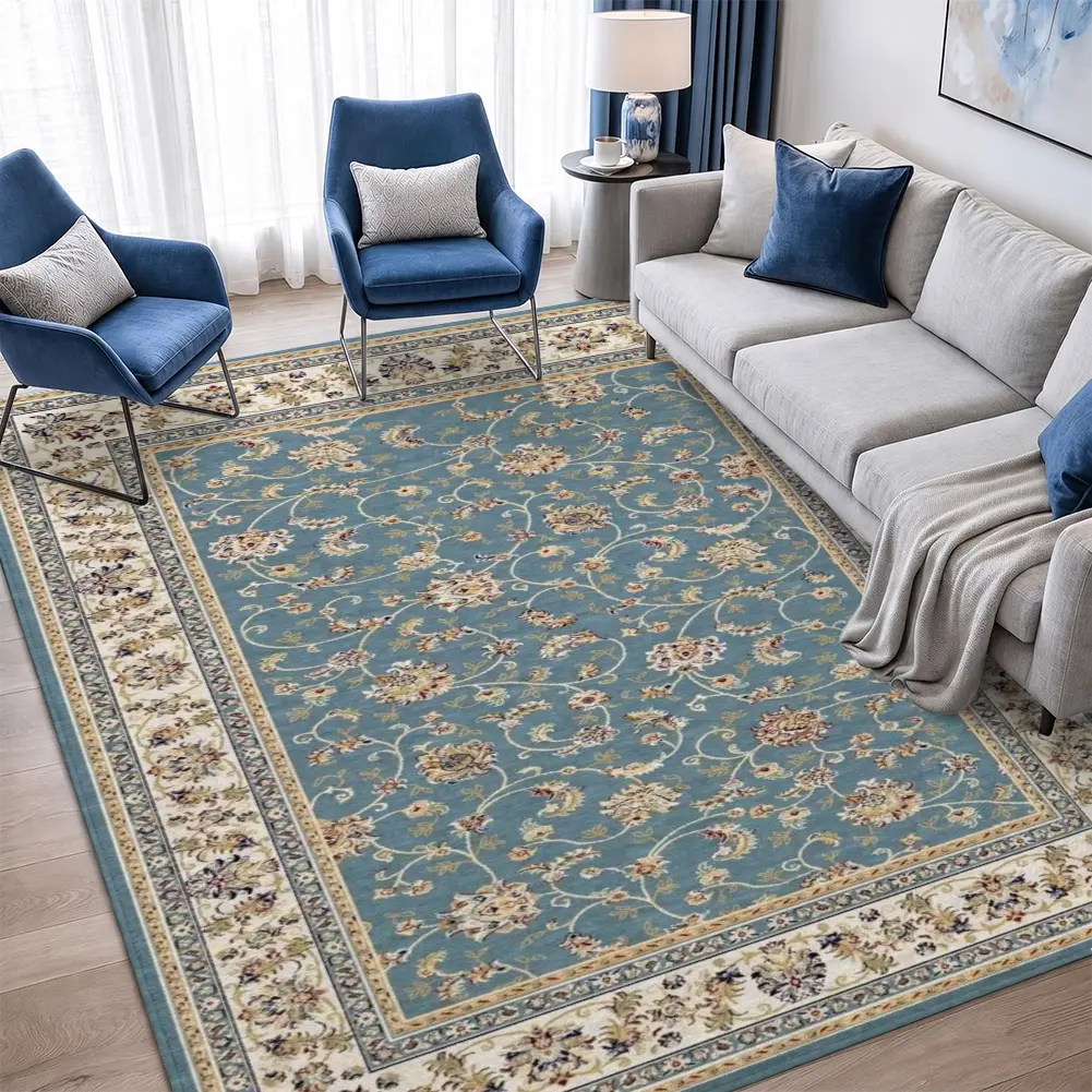 Blue Floral Persian Velvet Area Rug, Traditional Textile Living Room Rug, Classic Home Decor