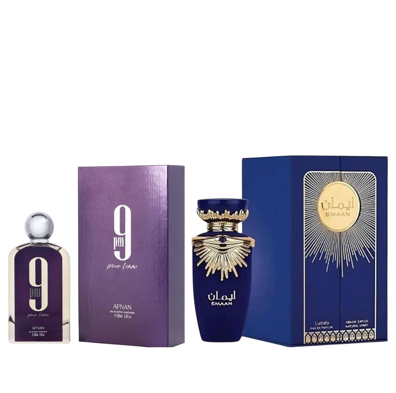 Lattafa Women's Fragrance Gift Set - 9 PM Pour Femme + Emaan Multi-Pack, 3.4 oz EDP Each Bottle, Alcohol Base, Spicy-Floral Scent with Raspberry-Apple Notes, Daily Wear