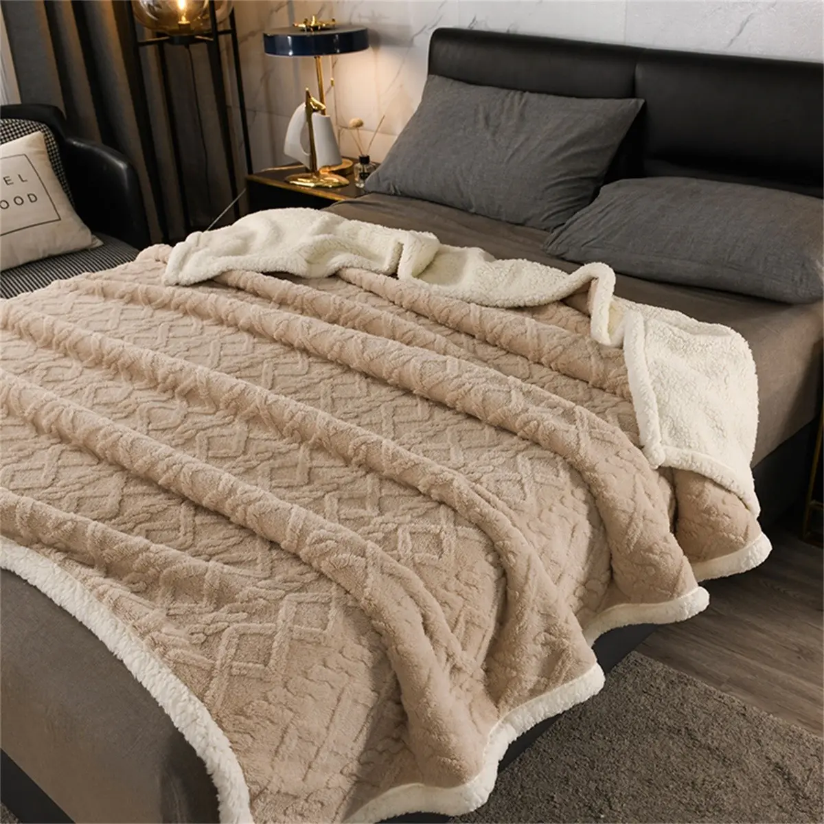Kaki Color Textured Plush Blanket, Thick Milk Velvet Bed Blanket, Single & Double Size, Office Nap Blanket, Cozy Throw Blanket, All Seasons, Reusable, Soft Blanket Throw