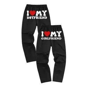 Men’s matching couple sweatpants with letter print design and drawstring waist; regular fit jogger pants with pockets for daily wear; men’s fashion cozy two-piece unisex outfits for all seasons; suitable for boyfriends and girlfriends.