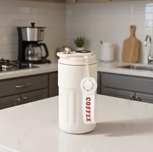 Stainless steel insulated coffee cup with lanyle, leak-proof travel coffee cup keeps warm and cold for 6 hours, double-wall leak-proof thermos flask vacuum non-topperable -420ml coffee cup, high-value thermos for both men and women creative