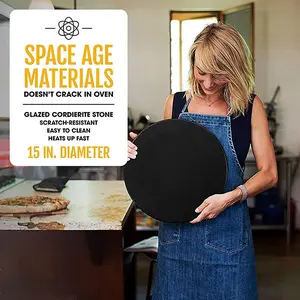 Pizza Stone, 15 inch Ceramic Baking Stones for Oven Use - Non Stick, No Stain Pan & Cutter Set for Gas, BBQ & Grill - Kitchen Accessories & Housewarming Gifts with Bonus Pizza Wheel - Black Pasta Utensils