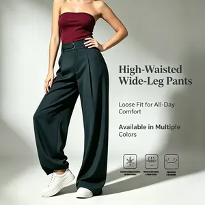 Women’s high-waisted pleated wide-leg trousers, D-ring buckle draped formal/casual suit pants, high-waisted flowy wide-leg dress pants, adjustable D-ring waist pleated casual/formal trousers