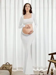 ELARA Maternity Fitted Backless Dress, Maternity Hollow Square Neck Long Dress, Suitable For Photography, Baby Shower Parties