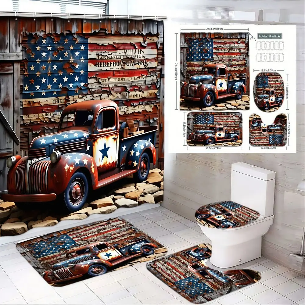 1/4pcs US Flag Red Truck Bathroom Set, Shower Curtain Sets, Shower Curtain with Weathered Wooden Fence & 'SHERIFF DEPARTMENT' Text, Matching Bath Mat, Toilet Lid Cover, Floor Rug - Perfect Decor for 4th of July, Memorial Day, Veterans Day