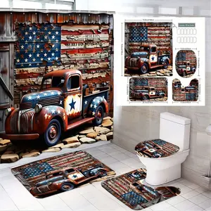 1/4pcs Vintage Americana Patriotic US Flag Red Truck Bathroom Set, Shower Curtain with Weathered Wooden Fence & 'SHERIFF DEPARTMENT' Text, Matching Bath Mat, Toilet Lid Cover, Floor Rug - Perfect Decor for 4th of July, Memorial Day, Veterans Day