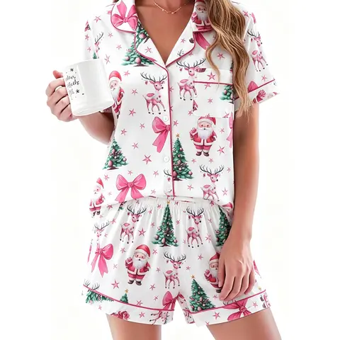 Women's 2-Piece Macaron-Style Strawberry-Themed Christmas Pajama Set - Button Front Top, Matching Shorts, Casual Basics Comfortable Home Loungewear Nightwear