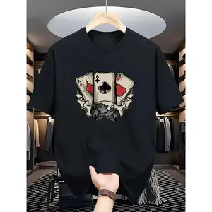 Vintage Three Aces Poker & Dice Graphic T-Shirt for Men Women, Retro Casino Lucky Ace Playing Cards Print Tees, Casual Short Sleeve Streetwear Tops