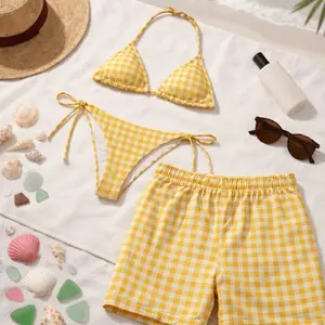 Yellow Gingham Couple Matching Swimwear Set, Classic Checkered Bikini and Board Shorts Beach Vacation Romantic Couple Outfit