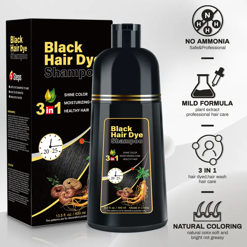 KAISASA 3-in-1 Black Hair Color Shampoo - Alcohol-Free Cleanser, Conditioner with Ginseng Extract, Herbal Gray Coverage, Natural Plant Care, Restores Functionality, 15-20 Minute Home Application, for Adults (400ml, 36 Months Shelf Life)