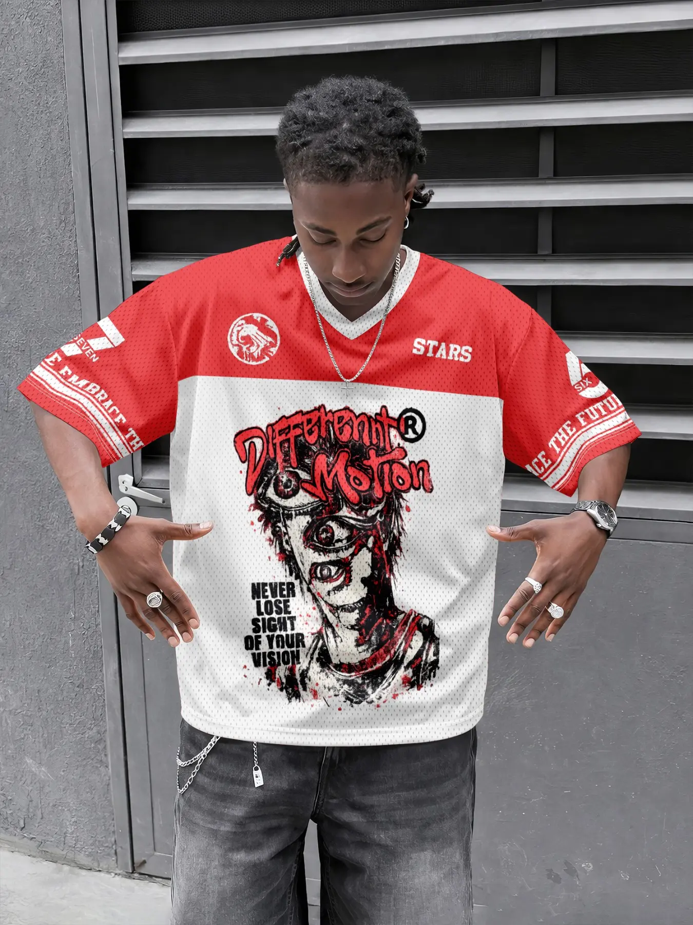 American high street Graphic Print Fitted Casual Menswear T-shirt, streetwear items, paired with the text "Different Motion", limited edition jersey design, Tops