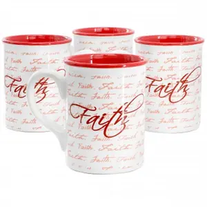 212 MAIN 16oz Ceramic Reusable Coffee Mug Set - 4-Piece Red Inspirational Faith Words Beverage Cups, Washable & Dishwasher-Safe, for Home Use