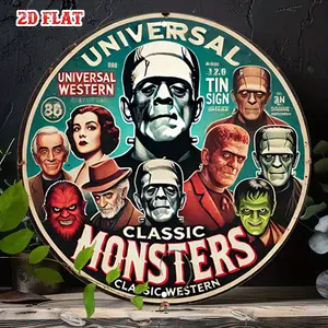 1pc Universal Monsters Metal Tin Sign - Retro Horror Movie Icons (Dracula, Frankenstein, Count Dracula, Wolfman) Vintage Wall Decor - Heavy-Duty Indoor/Outdoor Decoration for Home, Garage, Cafe, Halloween Party - No Wiring Needed - 19.99x19.99