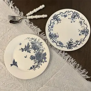 Vintage Floral Pattern Ceramic Plate, Exquisite Round Dessert Plate, Decorative Plate for Home Kitchen Dining Room