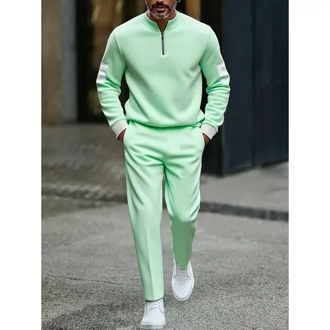 Men's 1-Piece Fitted Polyester Knit Clothing Set - Long Sleeve, Stripe Print, Contrast Binding, Casual Sports Wear, Athleisure Activewear Set, Knitting, Colorblock, Mensfashion