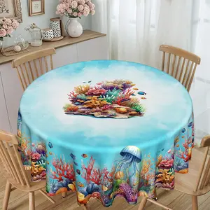Ocean Coral Jellyfish Print Round Tablecloth, 120g/m² Polyester, Furniture Protector, Party Decor, Hotel Restaurant Home Use