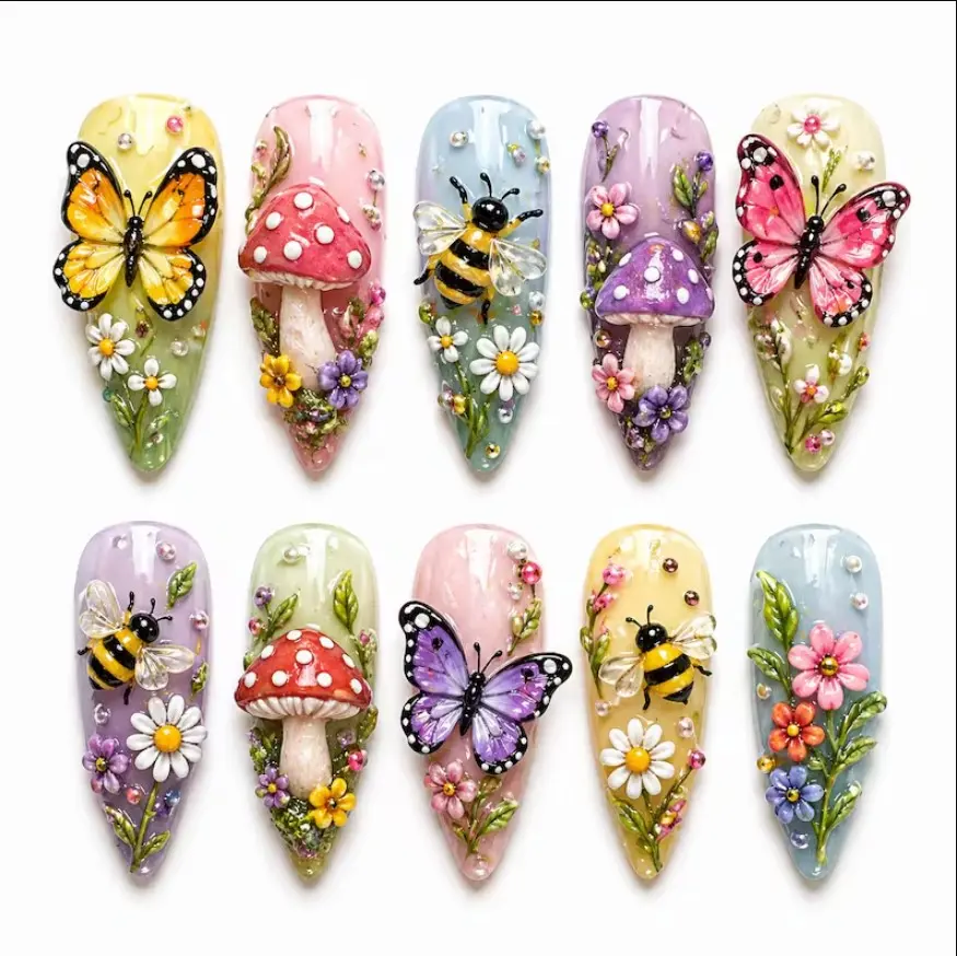 Spring Fairy Forest Press On Nails Set 3D Mushroom Butterfly & Bee Hand Painted Gif For Birthday Party, Wedding Nails