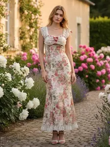 Romantic Cottage Corset Dress-Summer Women Dress lace Pin floral print Casual Womenswear Sleeveless Maxi Wedding Date Birthday Ladies Clothes