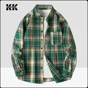 Men’s plaid flannel long-sleeve shirt, green, loose casual oversized fit for spring/autumn, comfortable soft dress shirt