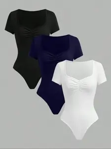 Elegant Comfortable Casual Solid Color Women's Round Neck Short Sleeve Ruched Bodysuit, All-Day Comfort Fitted Basic One-Piece, Fashion Versatile Top Everyday