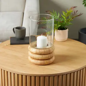 Clear Glass Round Room Hurricane Lamp with Light Brown Woven Base