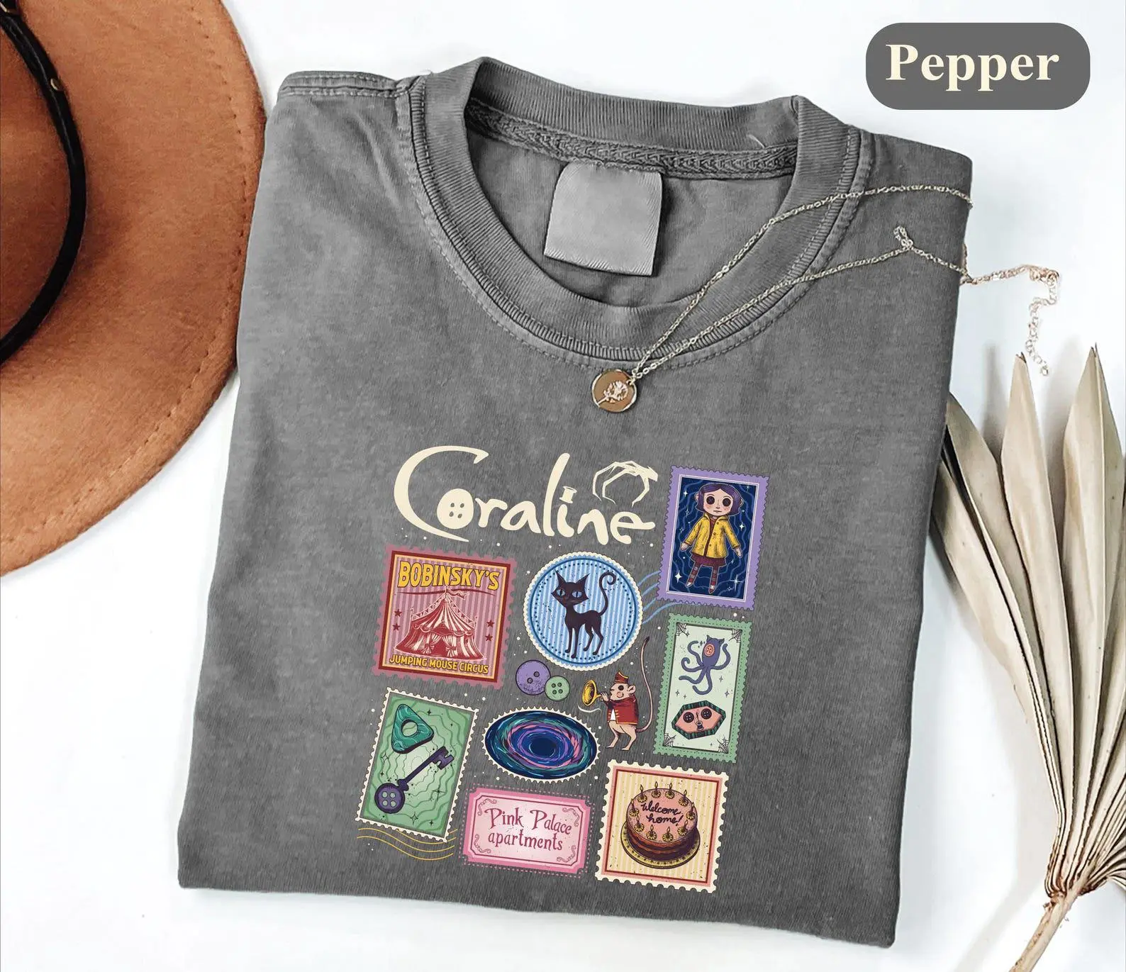 C0raline Comfort Colors Shirt, C0raline Stamps Graphic Top, Vintage Inspired Dolls Collage, Halloween C0raline Movie Tee, Dark Fantasy Book