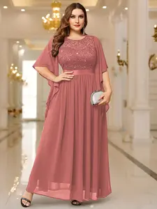 Miusol P83099 Plus Size Women's Sequin Floral Lace Chiffon Flare Sleeve Formal Dress Elegant Evening Gown All Seasons Party dress,Evening dress Normal Type  Womenswear Maxi Dress