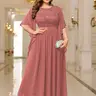 【Plus Size】Miusol P83099 Women's Elegant Sparkly Sequin Floral Lace Chiffon Flared Sleeve Formal Maxi Dress - Zipper Closure, Premium Fabric, All-Season Evening Gown for Parties, Festival Gatherings