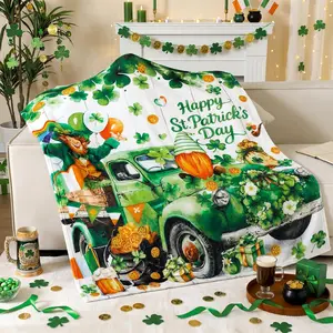 St. Patrick's Day Throw Flannel Blanket Lucky Shamrock Cozy Fuzzy Warm Green Throw Blanket with St. Patrick's Themed Print Gift for Spring Irish Couch Sofa Bed Home Decor