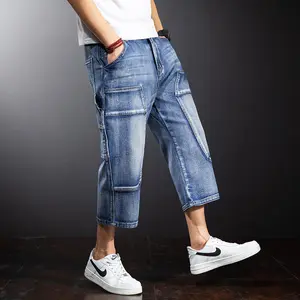 Plus-size trendy patchwork denim shorts for men, summer thin straight loose fit large size 7-point mid-length pants