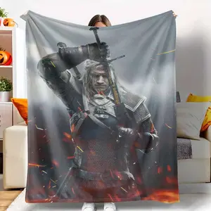 Witcher Flannel Blanket Geralt of Rivia Warrior Print Soft Cozy Lightweight Warm for Gaming Room Living Room Bedroom Office Travel Gift for Fantasy Lovers