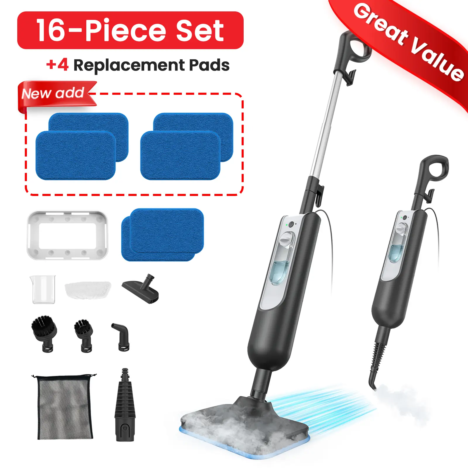 [Value Set] AUKACI 16-in-1 Steam Mop Detachable Handheld Steam Cleaner F2 for Hardwood Floor, Carpet, Tile & Grout, Interior Walls & Kitchen Cabinets | Fast Heat-Up High Pressure Mop, Removes Grease & Grime, Multi-Purpose Cleaning Tool for Pet & Home