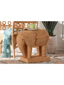 bali & pari 193271455829 Elissa Bohemian Rattan Elephant End Table, Light Honey