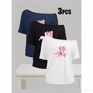 3pcs-Women's Solid Color Tee, Casual Basic Essential Short Sleeve T-shirt Top, Ladies Clothes for All Seasons, Womenswear