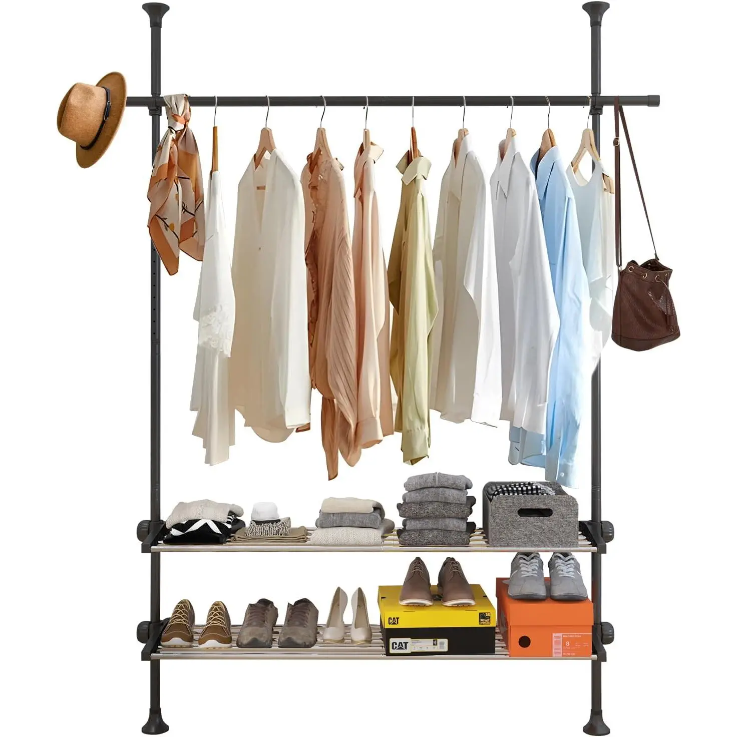 DEROFIT Adjustable Garment Rack, Floor to Ceiling Freestanding 3 Tiers Garment Rack for Hanging Clothes with Shelves, Tension Rod Laundry Closet Organizers and Storage Wardrobe System, 120 Inch Tall