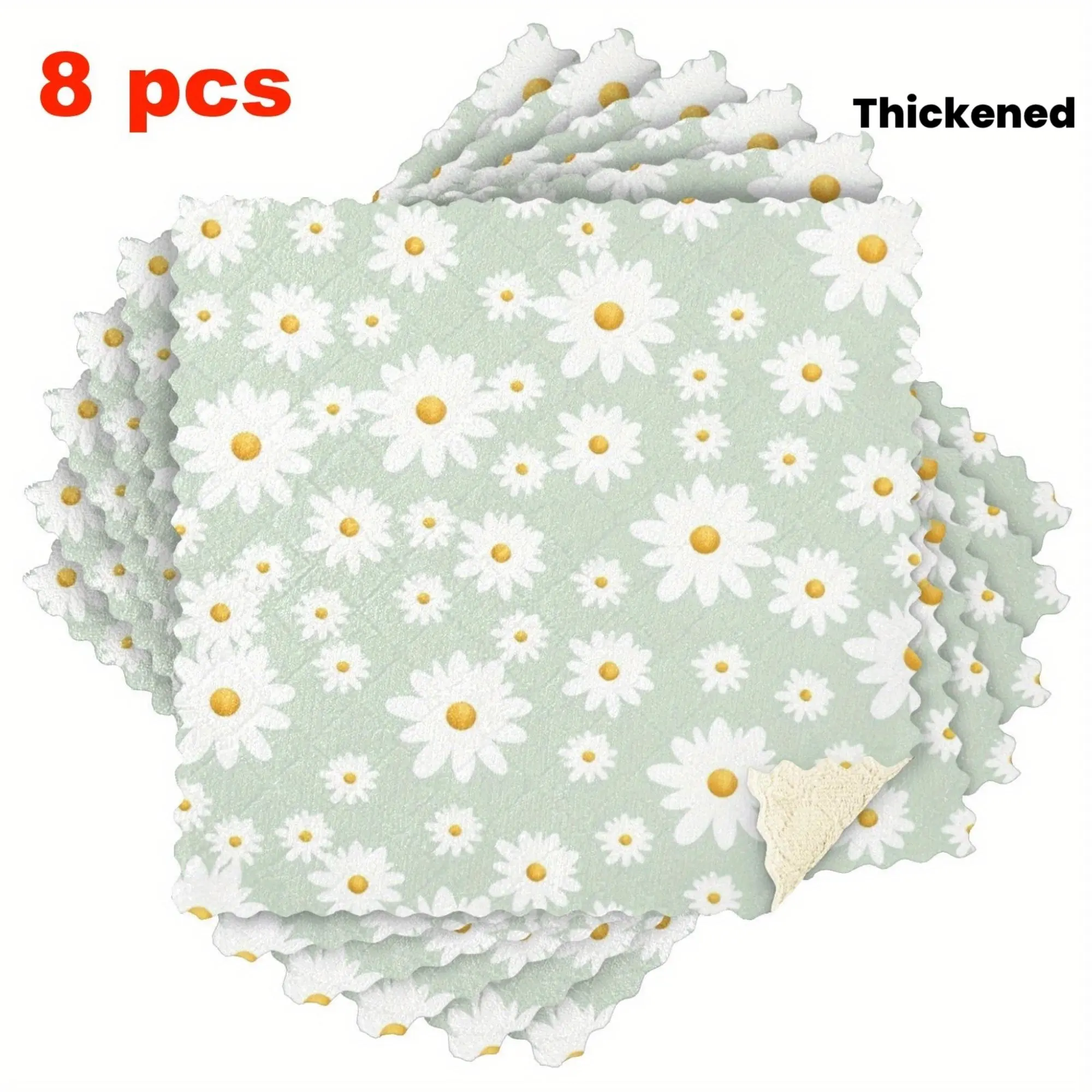 8-Pack Kitchen Dish Cloths, Reusable Cleaning Cloths with Light Blue Background and White Chrysanthemum Pattern, Microfiber Scouring Pads, Highly Absorbent and Easy to Clean, Thickened Soft Coral, Multi-Functional Small Towels for Travel