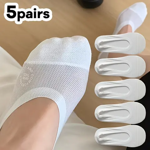 Women's 5-Pair Basic Invisible Plain No Show Socks - Casual Exercise Underwear for Women, Lightweight Minimalist, Breathable Mesh Airflow, Silicone Grip No-Slip Elastic Low Cut, Thin Flat Boat Liners, Hand Wash Only, Fits Most Foot Sizes