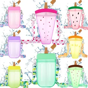 8 count Cute Water Bottles with Straw Kawaii Watermelon Ice Cream Cups Leak Proof Drinking Bottles with Adjustable  Strap for  Travel Camping(Classic Style)