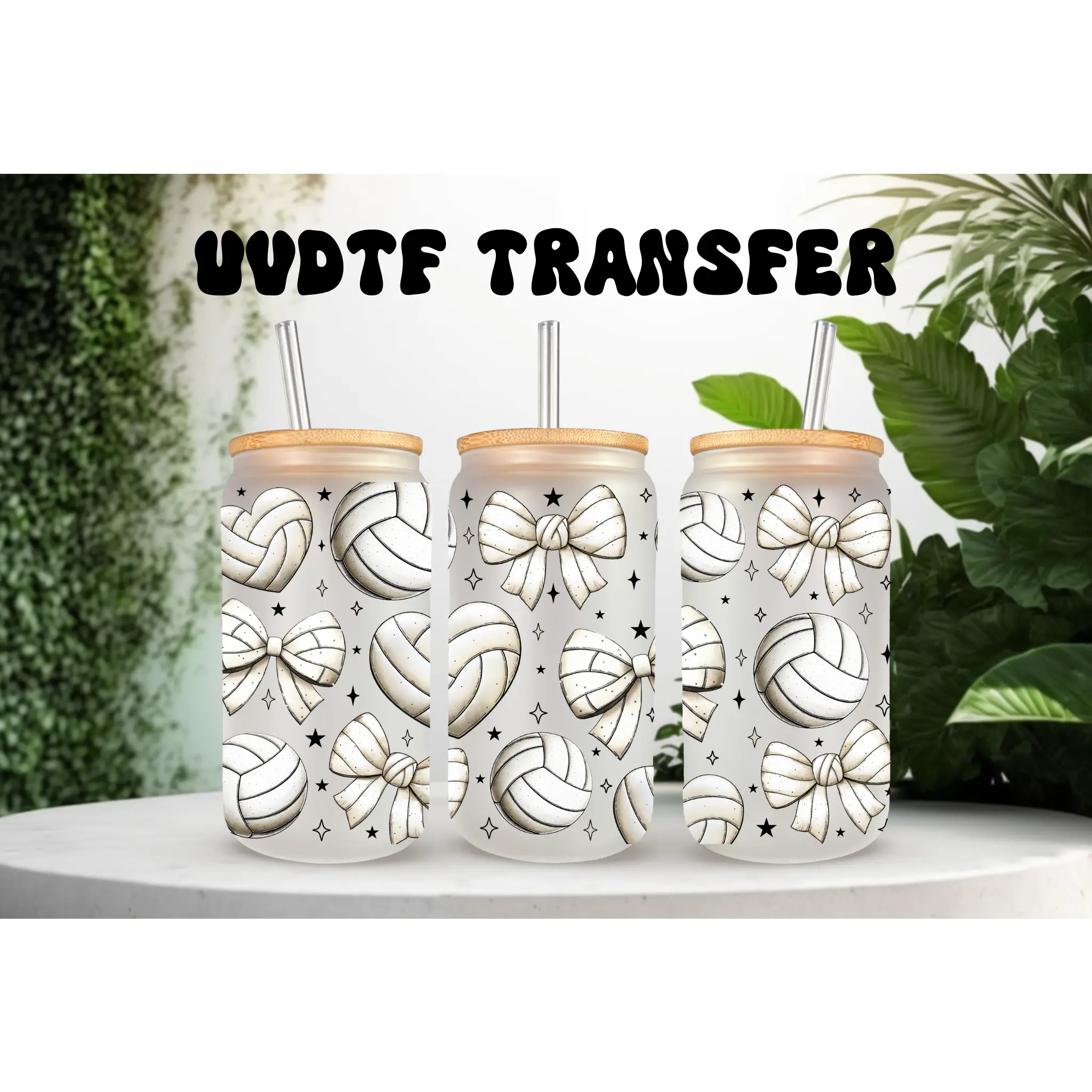 Volleyball and Bows UVDTF Wrap | Coquette Sports 16oz Glass Can Decal