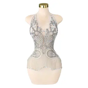 Handcrafted Crystal Beaded Bodice Applique with Fringe for Bridal Evening Dress Luxury Embellished Mesh Design Formal Gown Decoration Custom Clothing Accessories