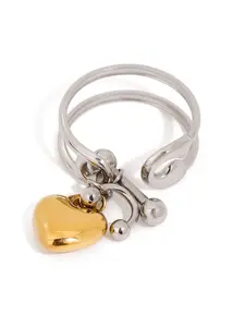 Women's Street Style Stainless Steel Ring, Adjustable Open Heart Design, Silver Color Accents, Trendy Fashion Jewelry