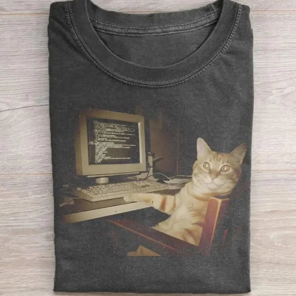 Funny Programmer Cat T-Shirt, Coder Cat at Computer Tee, Retro Tech Humor Graphic Shirt, Gift for Software Engineer