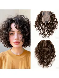 10 Inches Silk Base Human Hair Topper, Natural Wave Women Toupee with Clips, Short Wigs in Natural
