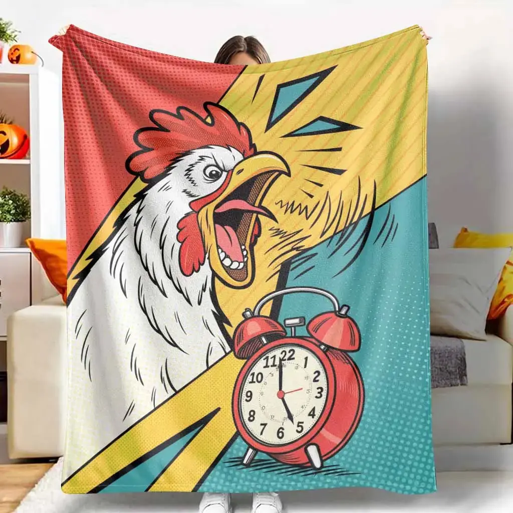 Pop-Art Rooster Animal Print Flannel Blanket - Soft, Warm, Wrinkle-Resistant, Breathable, Anti-Pilling, Foldable, Retro Comic-Style, Multi-Use - Ideal for Indoor Daily Use, Casual Gift for Comic Enthusiasts